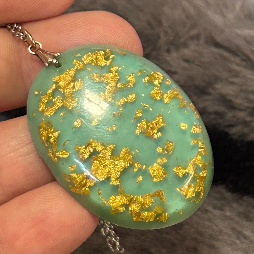 Handcrafted vintage gold flake lucite pendant on chain necklace